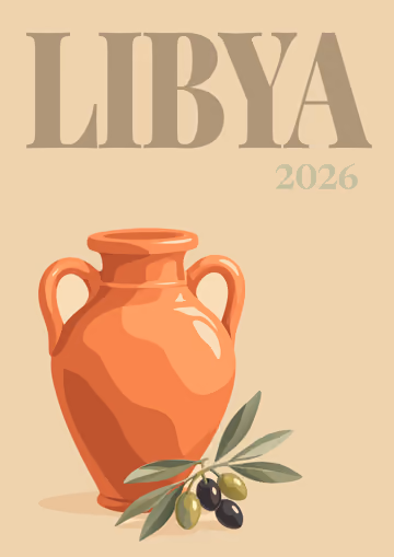 Libya illustrated travel photo book cover with the olive branch and jar artwork