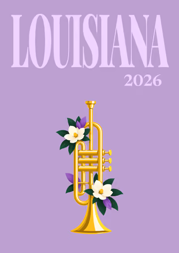 Louisiana illustrated travel photo book cover with the jazz trumpet artwork