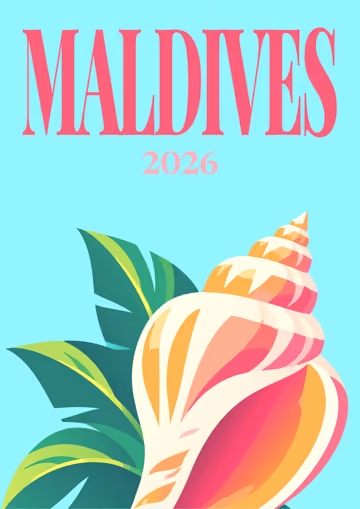 Maldives illustrated travel photo book cover with the conch shell artwork