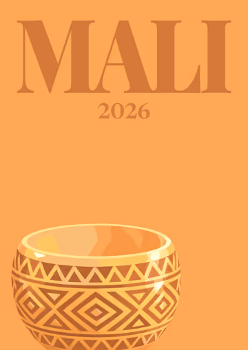 Mali illustrated travel photo book cover with the carved calabash artwork