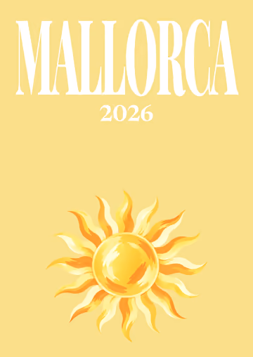 Mallorca illustrated travel photo book cover with the sun artwork