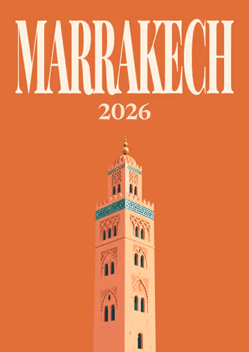 Marrakech illustrated travel photo book cover with the Koutoubia minaret artwork