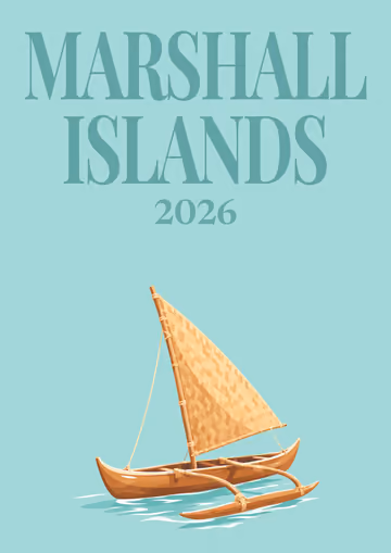 Marshall Islands illustrated travel photo book cover with the outrigger canoe artwork