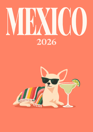Mexico illustrated travel photo book cover with the chihuahua in sunglasses artwork