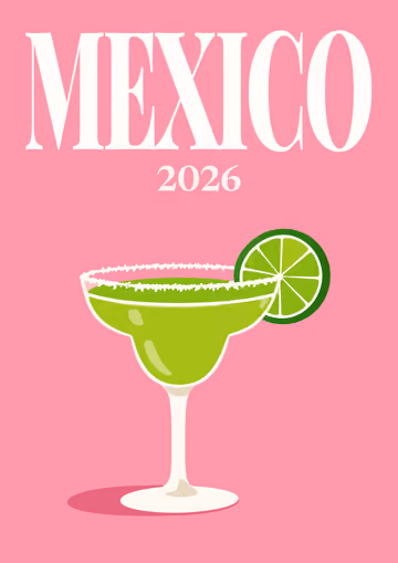 Mexico illustrated travel photo book cover with the margarita artwork on pink