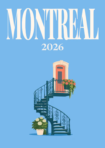 Montreal illustrated travel photo book cover with the spiral staircase artwork