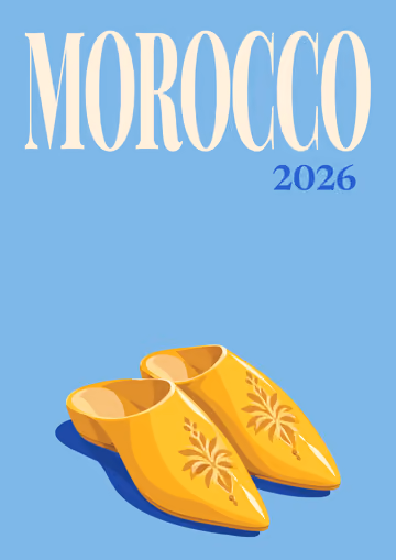 Morocco illustrated travel photo book cover with the babouches artwork