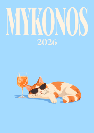 Mykonos illustrated travel photo book cover with the cat with a spritz artwork