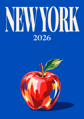 New York illustrated travel photo book cover with the Big Apple artwork in blue