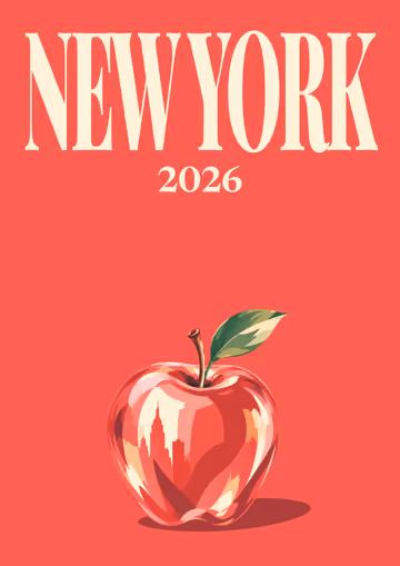 New York illustrated travel photo book cover with the Big Apple artwork in red