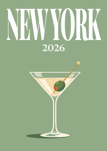 New York illustrated travel photo book cover with the martini artwork on sage
