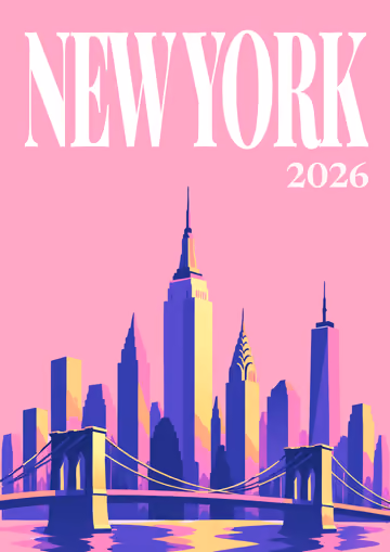 New York illustrated travel photo book cover with the skyline and bridge artwork