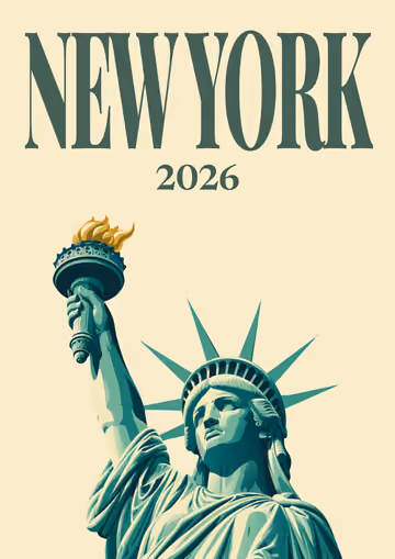 New York illustrated travel photo book cover with the Statue of Liberty artwork in cream