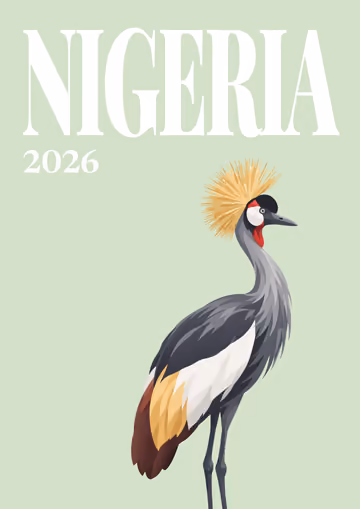 Nigeria illustrated travel photo book cover with the crowned crane artwork