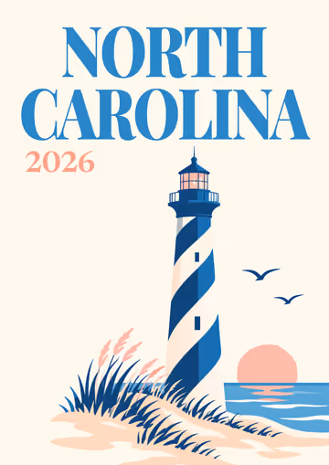 North Carolina illustrated travel photo book cover with the lighthouse at sunset artwork