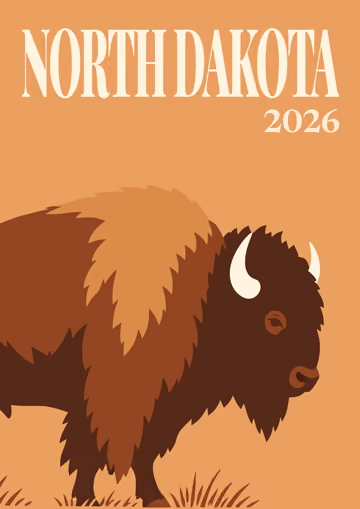North Dakota illustrated travel photo book cover with the bison artwork