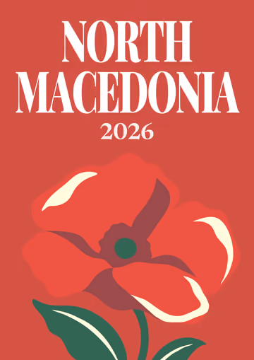 North Macedonia illustrated travel photo book cover with a red poppy on red