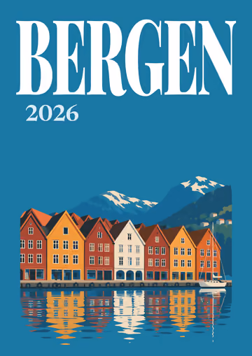 Bergen illustrated travel photo book cover with the Bryggen wharf artwork