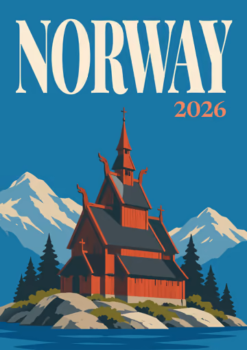 Norway illustrated travel photo book cover with the stave church artwork