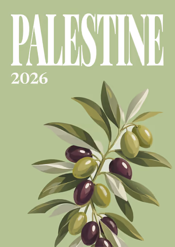 Palestine illustrated travel photo book cover with the olive branch artwork