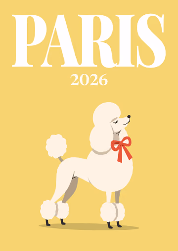 Paris illustrated travel photo book cover with the poodle with red bow artwork