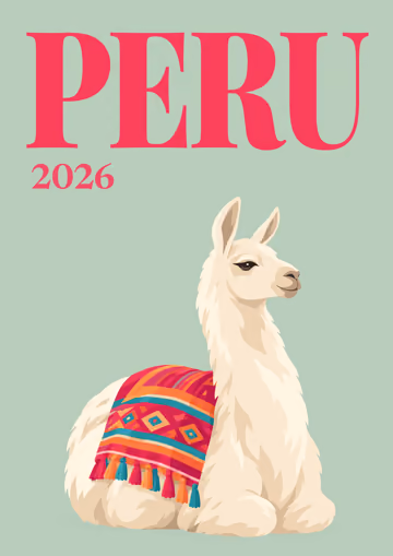 Peru illustrated travel photo book cover with the Andean textile and llama artwork
