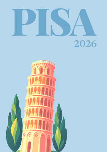 Pisa illustrated travel photo book cover with the tower and cypress artwork
