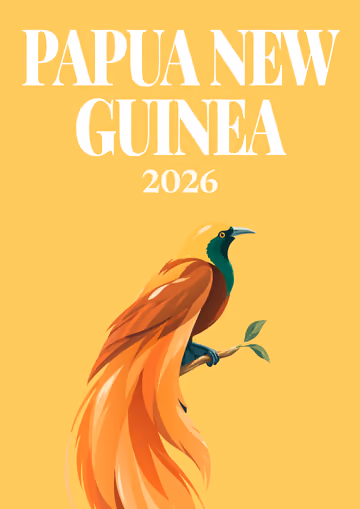 Papua New Guinea illustrated travel photo book cover with the bird-of-paradise artwork