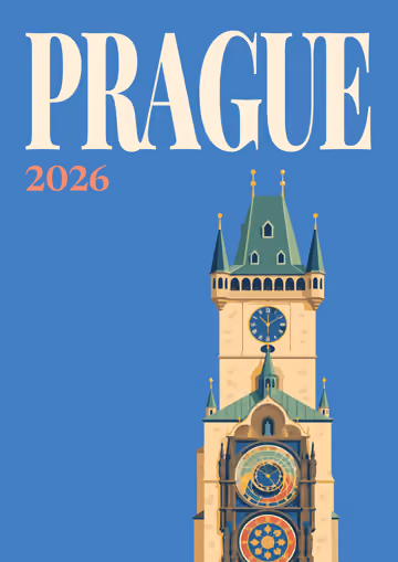 Prague illustrated travel photo book cover with the astronomical clock artwork