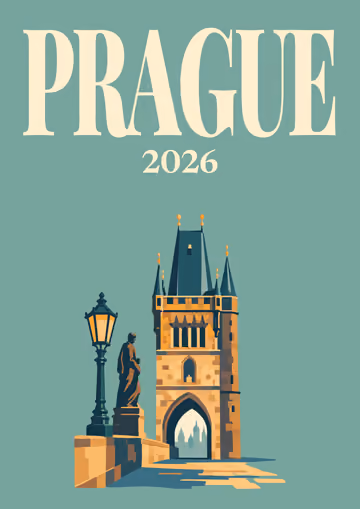 Prague illustrated travel photo book cover with the Charles Bridge tower artwork