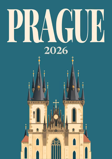 Prague illustrated travel photo book cover with the Týn Church artwork