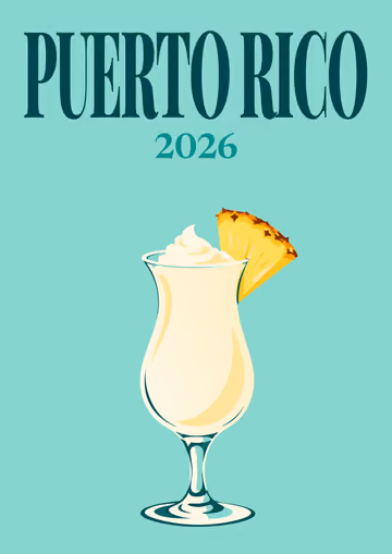Puerto Rico illustrated travel photo book cover with the piña colada artwork