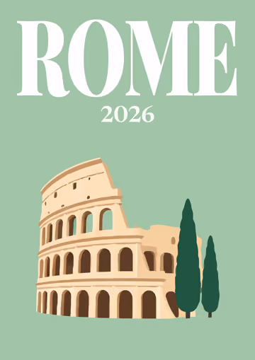 Rome illustrated travel photo book cover with the Colosseum and cypresses artwork