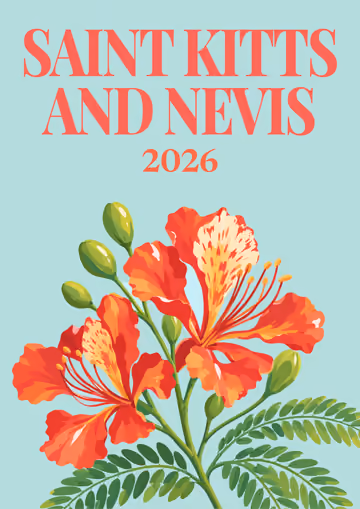 Saint Kitts and Nevis illustrated travel photo book cover with the flamboyant blossom artwork