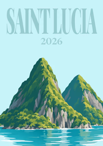 Saint Lucia illustrated travel photo book cover with the Pitons artwork