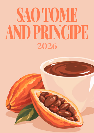 Sao Tome and Principe illustrated travel photo book cover with the hot chocolate artwork