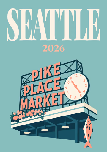Seattle illustrated travel photo book cover with the Pike Place Market artwork