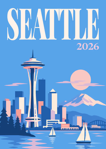 Seattle illustrated travel photo book cover with the skyline artwork