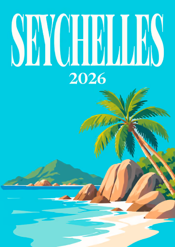 Seychelles illustrated travel photo book cover with the La Digue beach artwork