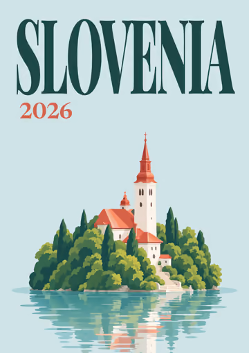 Slovenia illustrated travel photo book cover with the Lake Bled island artwork