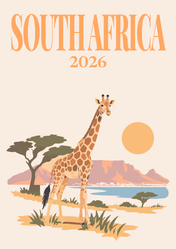 South Africa illustrated travel photo book cover with the giraffe and Table Mountain artwork