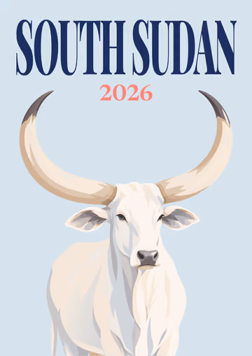 South Sudan illustrated travel photo book cover with the long-horned cow artwork