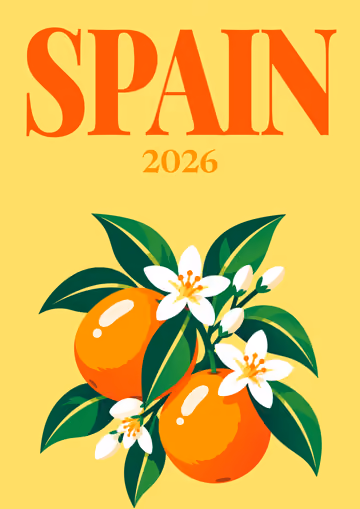 Spain illustrated travel photo book cover with the orange blossom artwork
