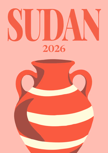 Sudan illustrated travel photo book cover with a red and cream striped clay jar on pink