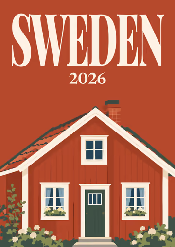 Sweden illustrated travel photo book cover with the red cottage artwork