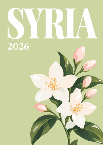 Syria illustrated travel photo book cover with the Damascus jasmine artwork