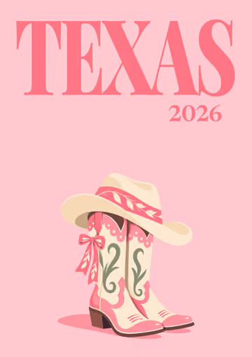 Texas illustrated travel photo book cover with the boots and hat artwork in blush