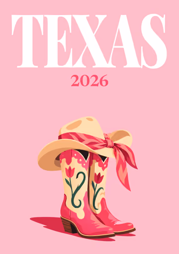 Texas illustrated travel photo book cover with the boots and hat artwork in hot pink