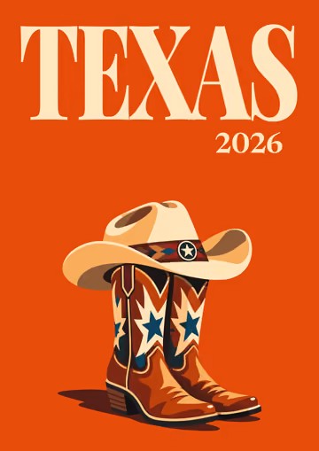 Texas illustrated travel photo book cover with the boots and hat artwork in orange