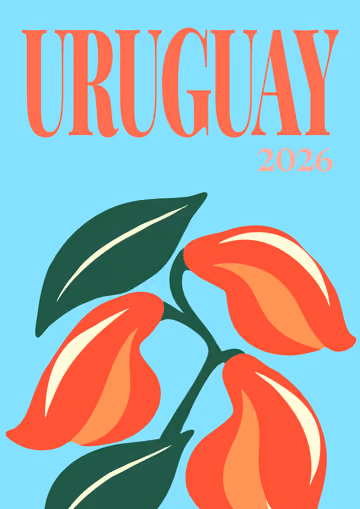 Uruguay illustrated travel photo book cover with red blossoms and green leaves on pale blue